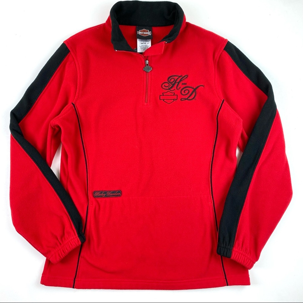 Harley-Davidson Red Black Fleece Quarter Zip Pullover Riding Sweater Size Medium